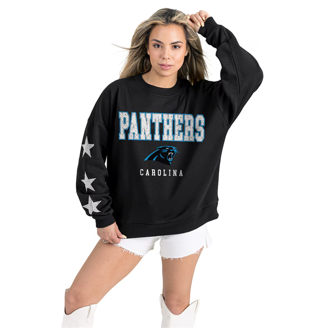 Women's Carolina Panthers Gameday Couture Black Velocity Relaxed Rhinestone Pullover Sweatshirt(Run Small)